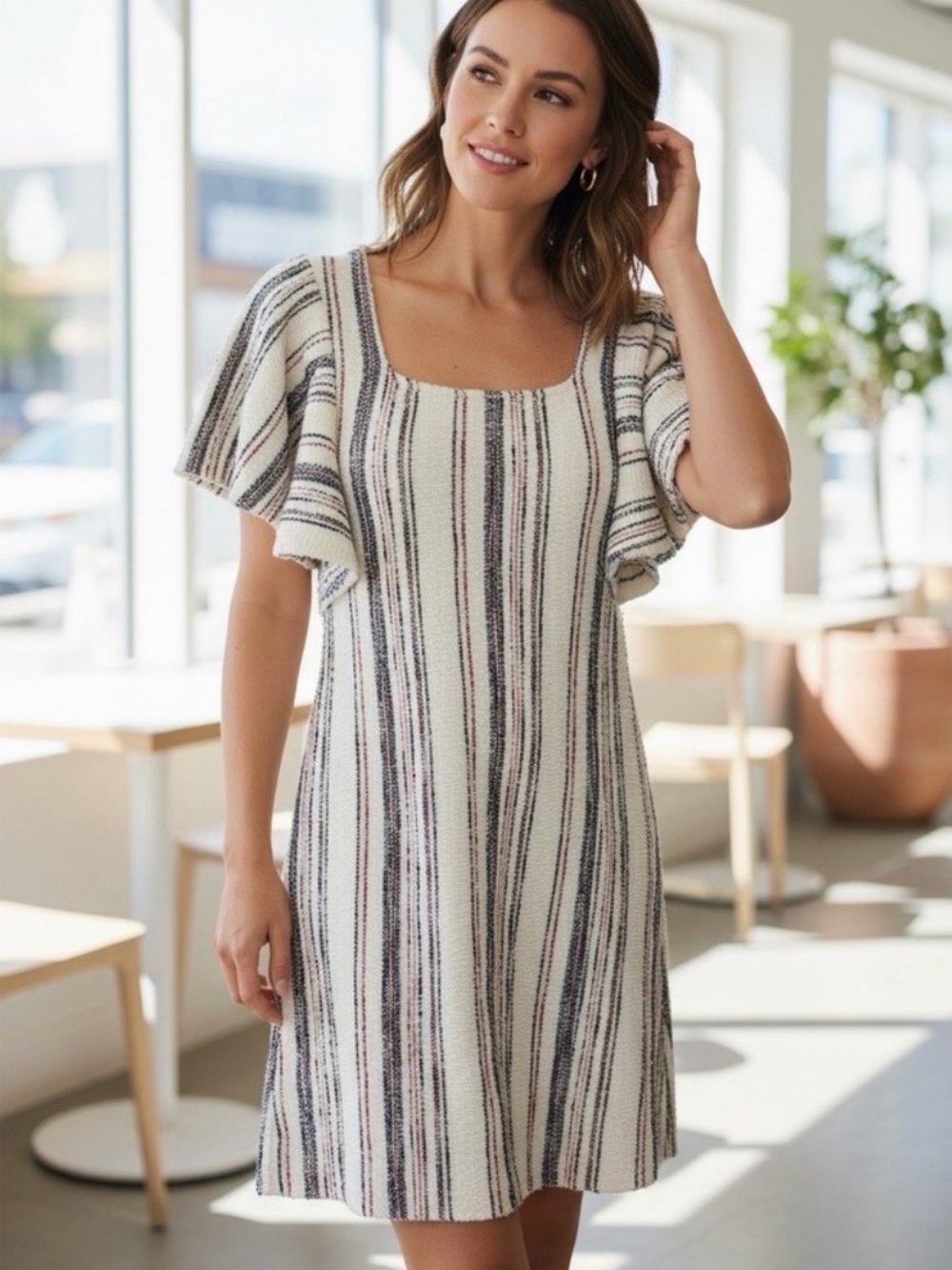 $109 Anthropologie Akemi And Kin Striped Flutter Sleeve Dress